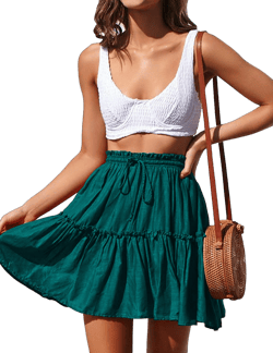 Indian Trendy Women's Flared Short Skirt Basic Versatile Pleated Cotton Mini Skater Skirt with Drawstring Elastic One Size Short Teal