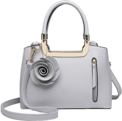 Miss Lulu Women Elegant Top Handle Bag Small Trend Shoulder Bag Pu Leather Flower Charm Structured Handbag Crossbody Bag Grey
