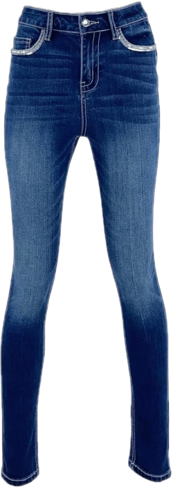 Women's Stretch Embroidered Sequins Stone Crystal Flap Back Pocket Slim Skinny Denim Jeans Pants 14 Dark Blue