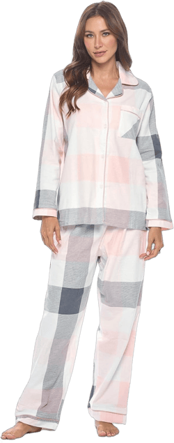 Casual Nights Women's Flannel Long Sleeve PJ's Button Down Sleepwear Pajama Set Small Grey Pink Plaid