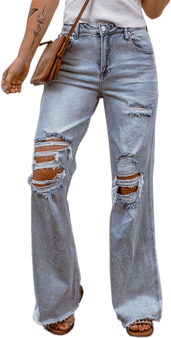 Glkaend Women's Vintage Distressed Ripped Bell Bottom Jeans Mid Rise Washed Raw Edge Baggy Wide Leg Denim Pants Large Blue