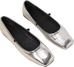 Women's Leather Mary Jane Flats Shoes Dressy Comfortable Square Toe Slip On Ballet Flat Causal Breathable Flat Walking Shoes 11 Silver
