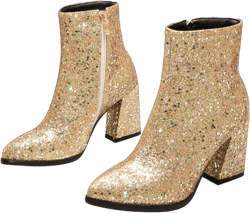 UniqueStride Womens Glitter Chunky Heel Ankle Boots Sequins Block High Heels Pointed Toe Zipper Booties 8 Gold
