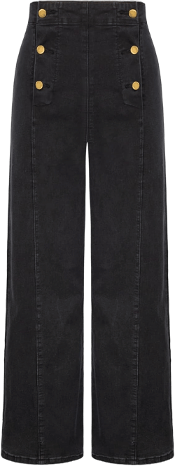 Belle Poque Women's High Waisted Wide Leg Jeans Button Decorated Casual Stretchy Demin Pants with Pockets Medium Black