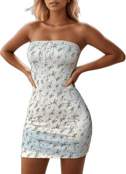 Women's Sexy Tube Dress Summer Y2K Floral Print Strapless Bodycon Mini Dress Date Night Party Club Bandeau Short Dress Large Green Print Floral