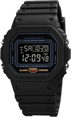 Men's Digital Watch with Big Face, 50M Waterproof, Stop Watch, Count Down, Alarm,12/24 Hour (Small Black) 44mm Black