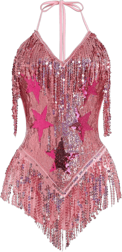 FYMNSI Women Music Festival Rave Outfits Sleeveless Sequins Tassel Bodysuit Leotards One Piece Nightclub Halloween Costume Pink Large