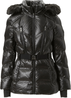 Michael Michael Kors Women's Faux Fur Hooded Shiny Puffer Belted Coat Jacket Black