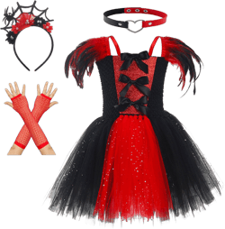 Inevnen Kids Girl Halloween Zombie Princess Costume Feather Sequins Tulle Tutu Dress with Arm Sleeves, Headband  Neck Collar Sets for Themed Party Cosplay Role-Playing Dress 2-8 years