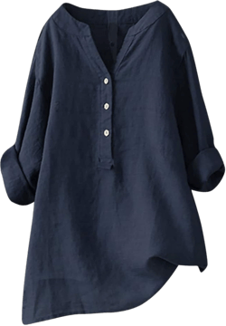 Women's Lightweight Open Front Cotton Line Shirts Button Down Tops Soft Draped Ruffles 3/4 Sleeve Casual Solid Blouses Small Navy