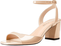 HDEUOLM Womens Chunky Block Mid Heel Open Round Toe Sandals Ankle Strap Buckle Casual Basic Classic Patent Leather Summer 2.6 Inches Heels 5 Nude