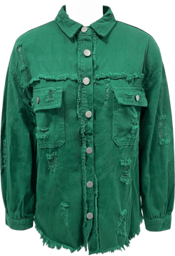 Womens Oversized Ripped Fringe Denim Jacket Casual Long Sleeve Boyfriend Jean Jacket Coat Large Green