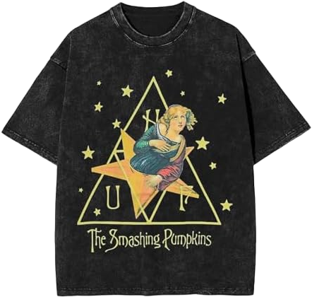 The Smashing Rock Pumpkins Band Shirt Men Vintage Tee Fashion Washed T-Shirts Casual Crew Neck Graphic Tshirts Unisex Top Large, Black-d