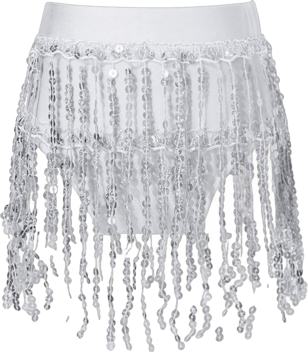 FEESHOW Belly Dance Skirt for Girls Youth Shiny Tassel Fringe Skirts Performing Cheerleading Competition Costume 10 Years White