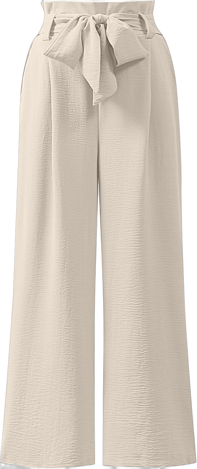 ANRABESS Womens Wide Leg Palazzo Pants Belted High Waisted Business Casual Flowy Long Trousers with Pockets Beige Small