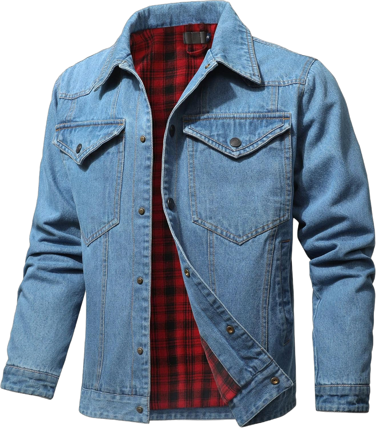 Men's Denim Jacket with Flannel Lined Jean Jackets Cowboy Cut Snap Closure Classic Heavy Duty Trucker Coat for Winter Light Blue Medium