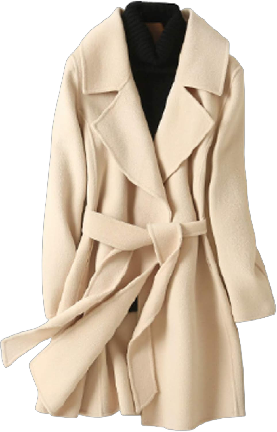 Womens Wool Coats Cashmere Trench Autumn Winter Solid Color Warm Mid Length Slim Overcoat Cardigan Jackets Outwear with Belt,Beige,XS X-Small Beige