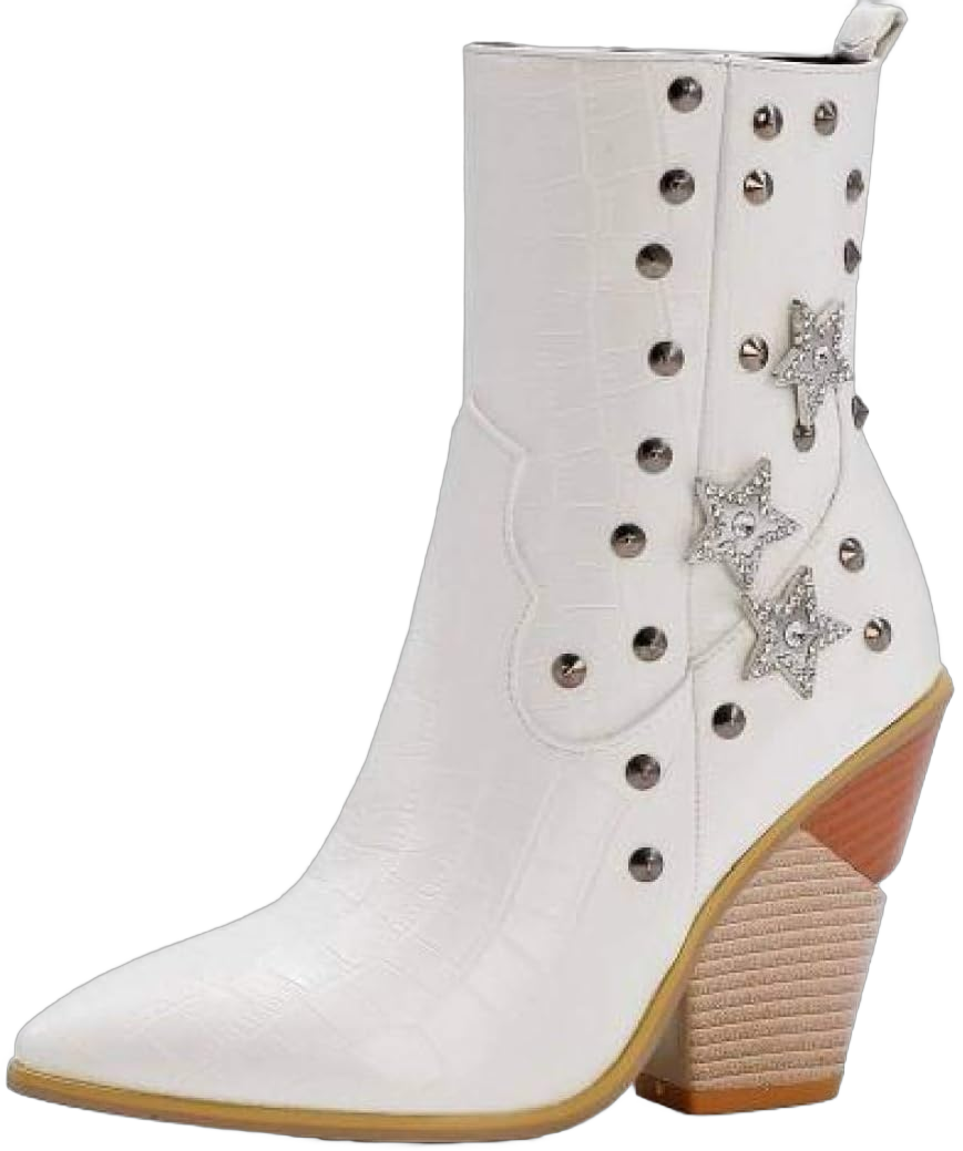 CYBLING Women's Pointed Toe Ankle Boots Rhinestone Stars Chunky Stacked Heel Side Zipper Winter Warm Western Booties 9 White