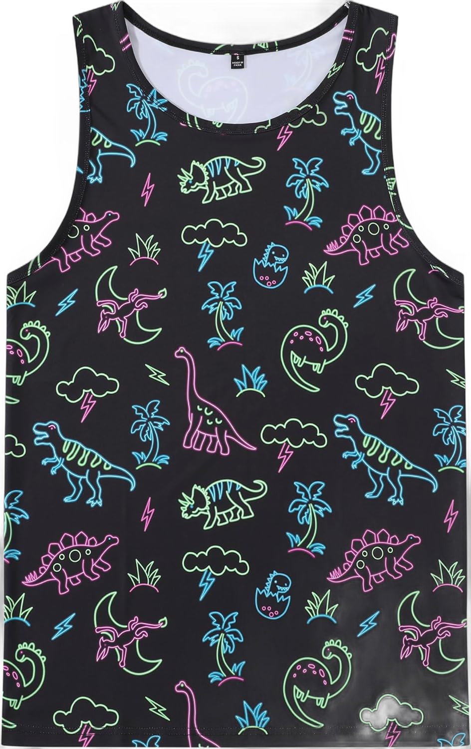 Men's Graphic Tank Tops Quick Dry Workout Beach Shirts Sleeveless Shirts for Bodybuilding Gym Fitness Training Small Neon Dinosaur
