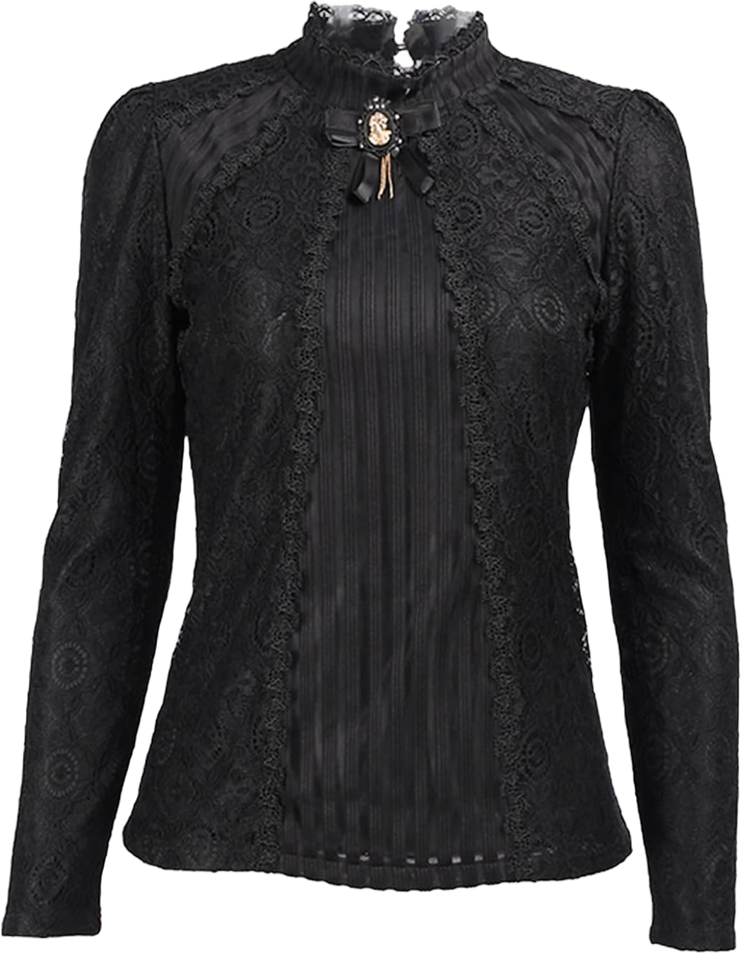 SansoiSan Women's Vintage Beaded Buttons Pleated Shirt Long Sleeve Lace Stretchy Blouse Medium Black