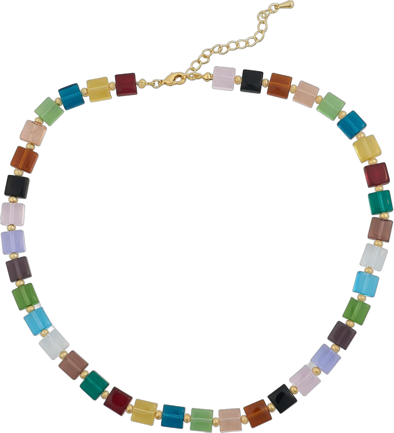 Choker Necklace for Women Multi-Colored Glass Crystals Beads Rainbow Strand Necklace Brass Plated 18K Gold Adjustable Length Trendy Gift