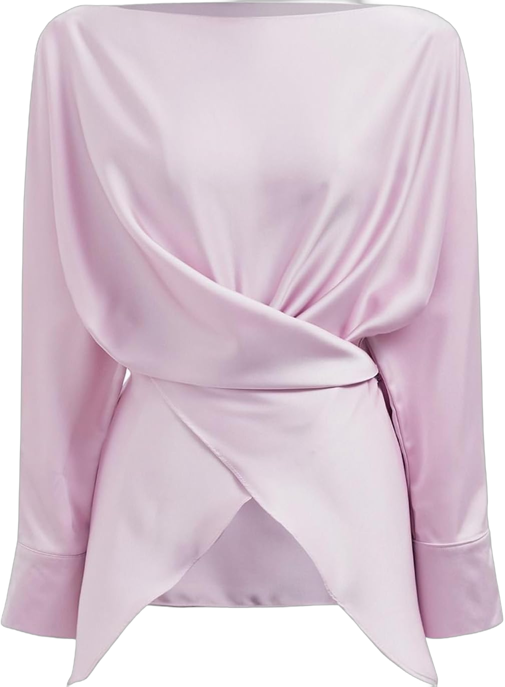 CHICWISH Women Long Sleeve Satin Silk Top Crisscross Waist Boat Neck Elegant Dressy Party Blouse Tunic Tops Pink Large