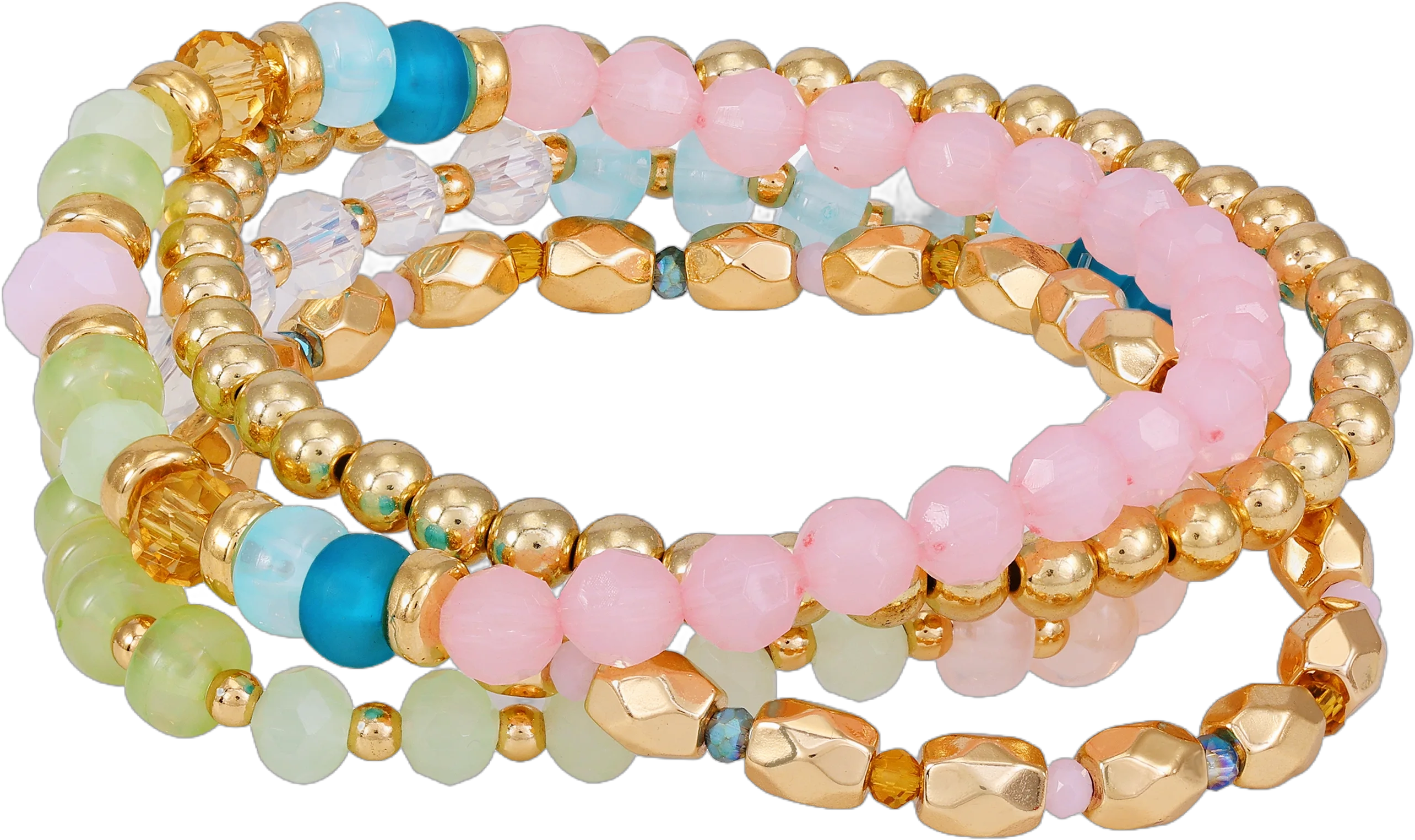 Time and Tru Women's Gold Tone 7.5" 4 piece Stretch Bracelet set with Pastel Beads