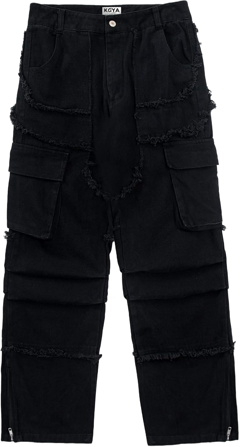 Unisex Camo Cargo Pants, Multi Pockets Raw Edge Oversized Straight Zipper Wide Legs Streetwear for Hip Hop Men Women