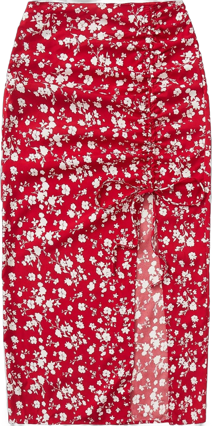 Floerns Women's Boho Floral High Waist Split A Line Midi Skirt Pastel Burgundy X-Large