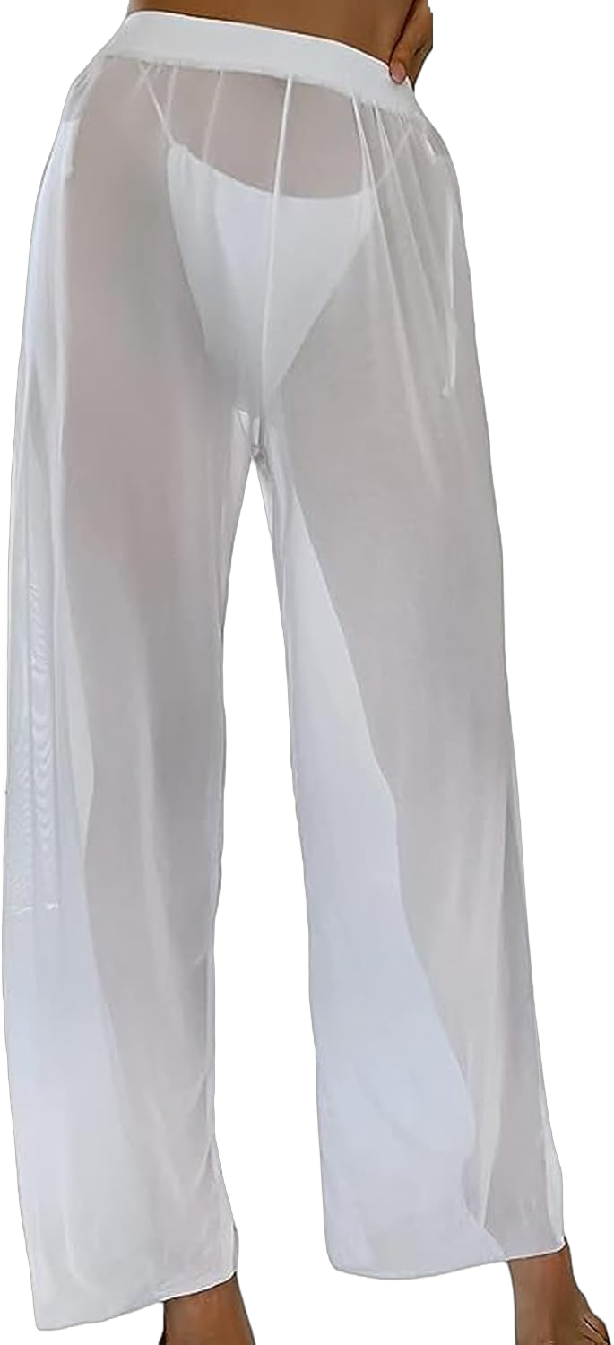 Womens Cover up Pants Sheer Bikini Bottoms Swimsuit Cover up Wide Leg Beach Pants White X-Large