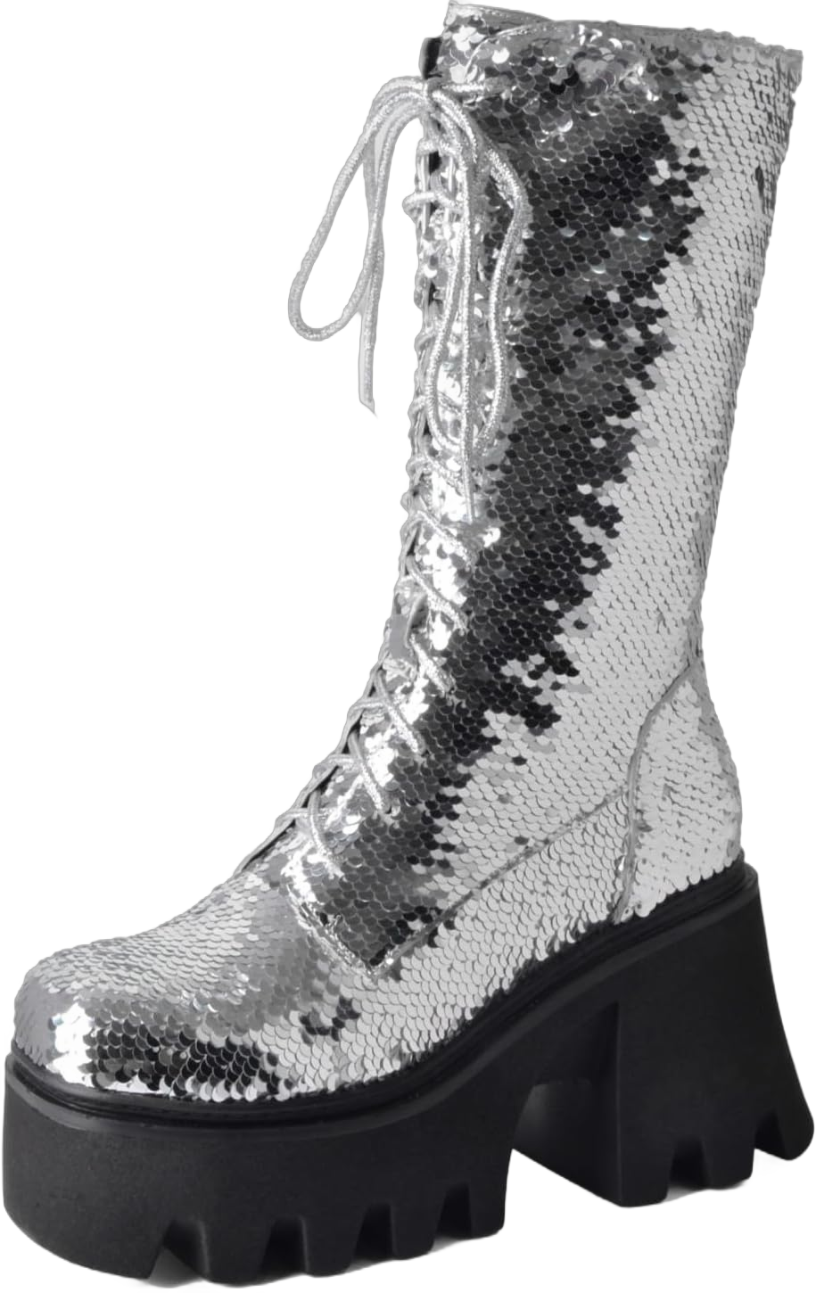 Women's Lace Up Glitter Combat Boots Platform Thick Wedge Heel Sequins Round Toe Mid Calf Boots 10 Silver