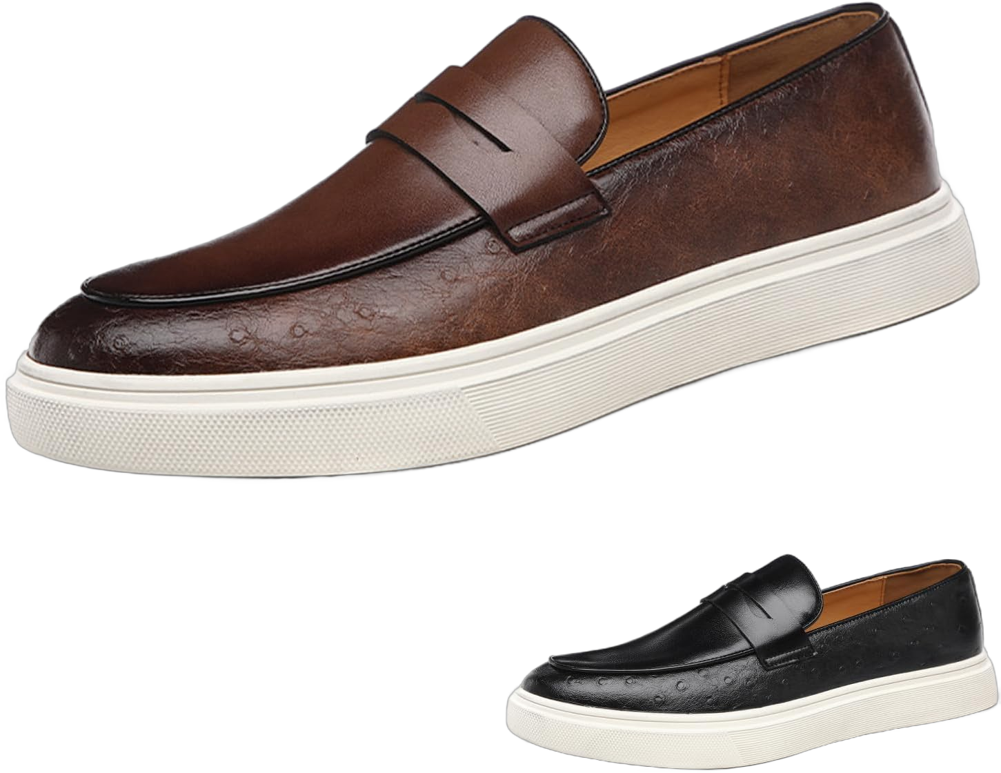 Men's Leather Platform Penny Loafers Fashion Round Toe Slip On Tuxedo Dress Shoes for Party Wedding Smoking Shoes 11 Brown