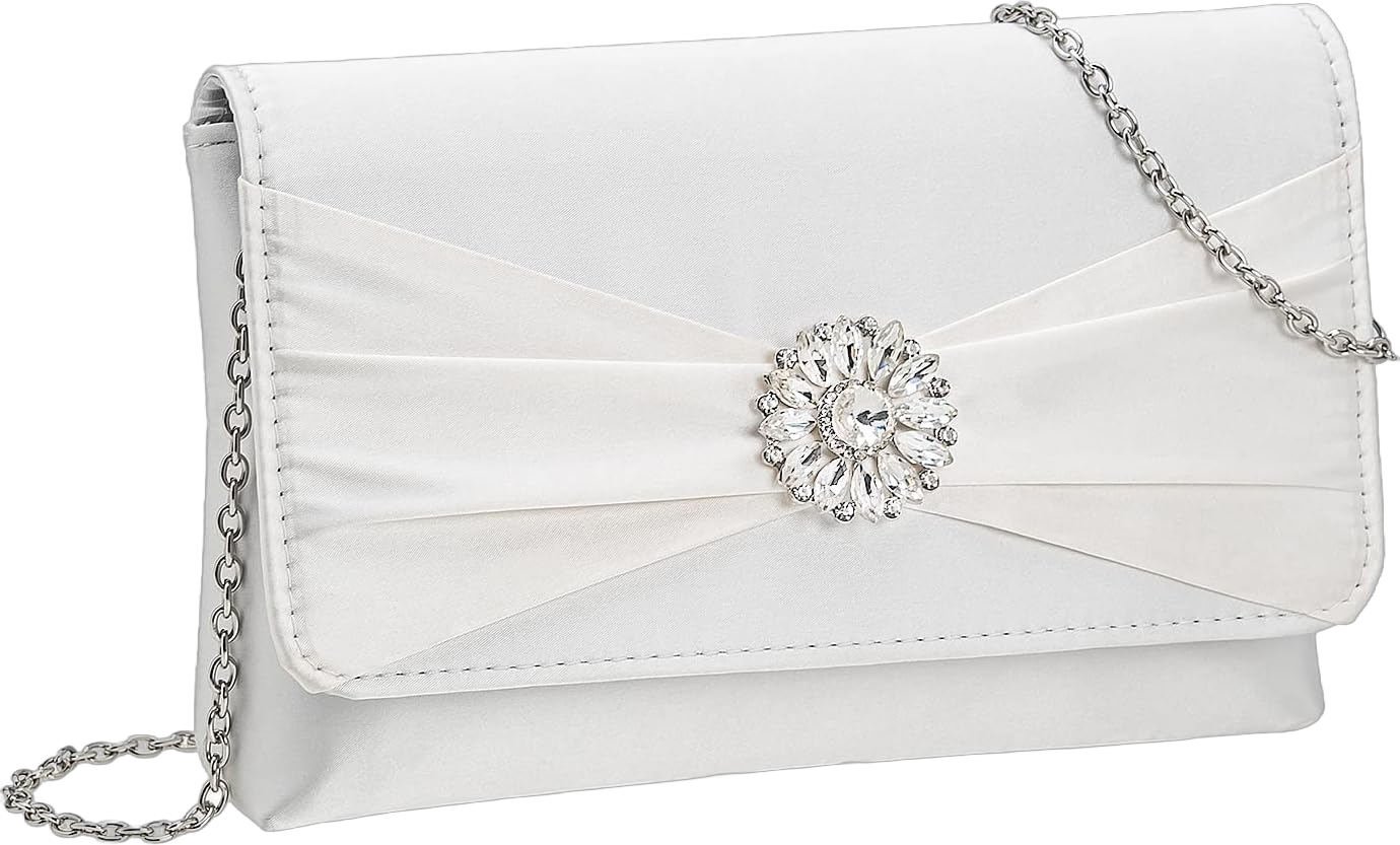 CHARMING TAILOR Evening Bag for Women Pleated Flap Satin Formal Purse Diamantes Brooch Embellished Clutch Ivory