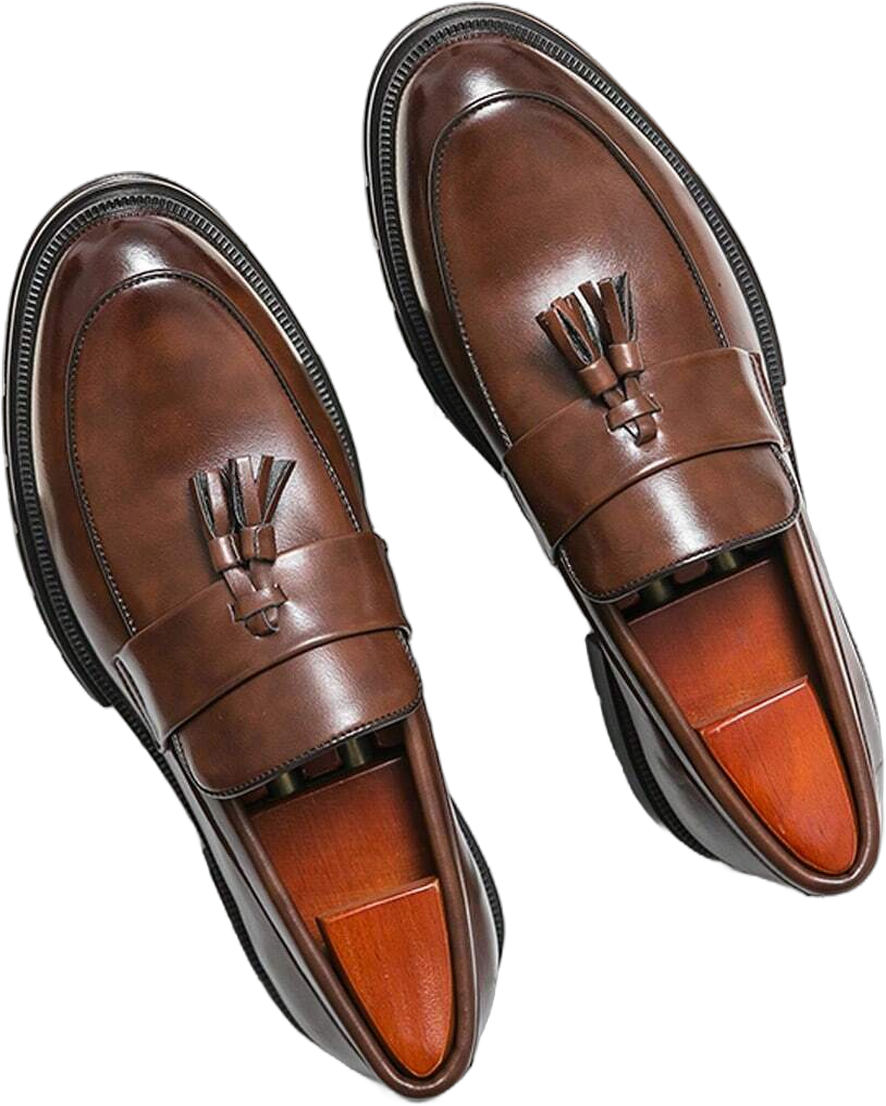 Men's Loafers, Thick-soled, British Style, Autumn & Casual, Shiny Pu Leather, Tassel, Breathable Business Shoes In Brown