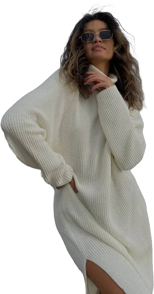 White knit sweaterdress midi  turtleneck, Knit oversized sweater dress for women, knit cotton dress with long sleeves oversize