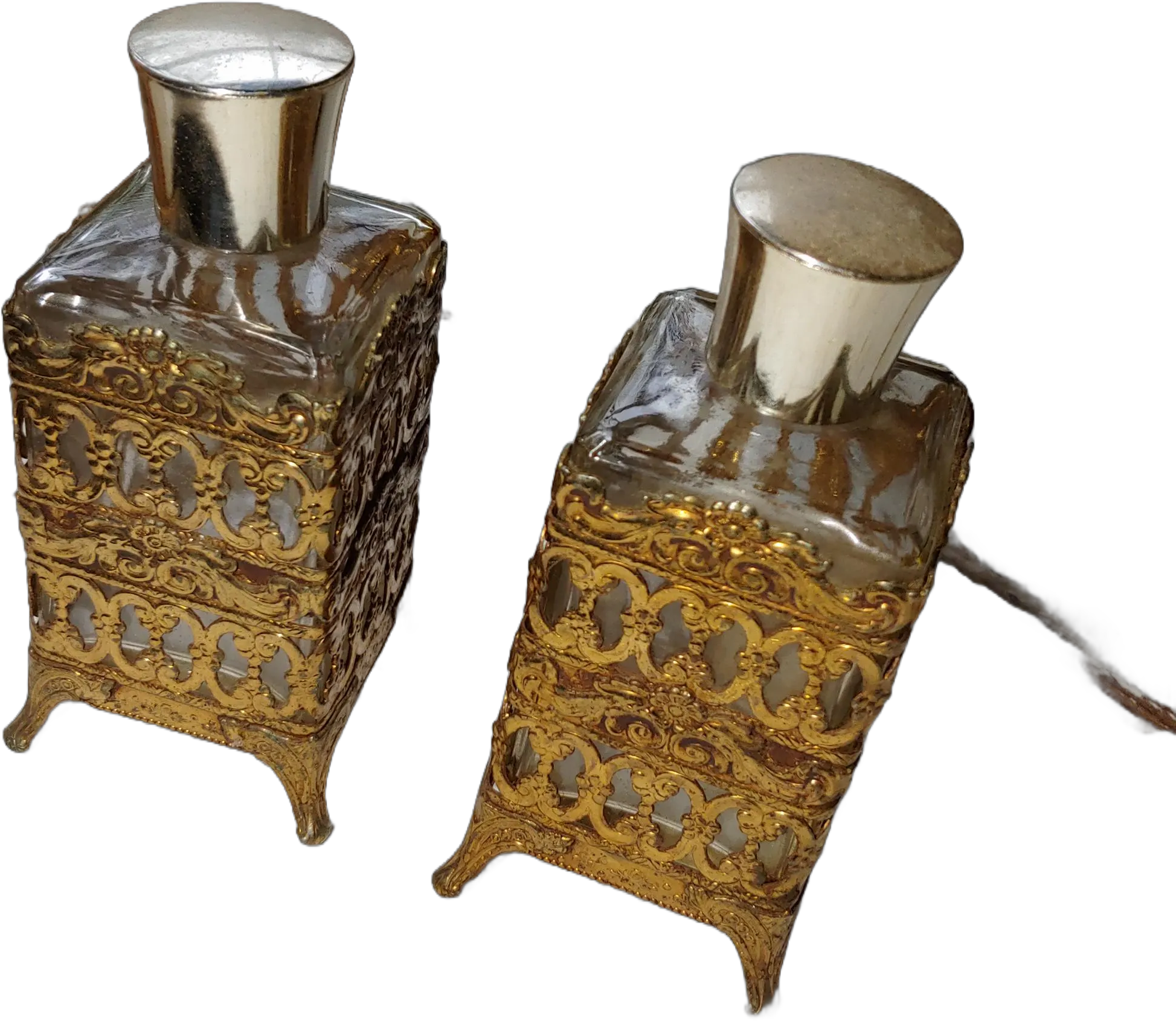 Vintage art deco Perfume Bottles Gold Filigree vanity set 1920s