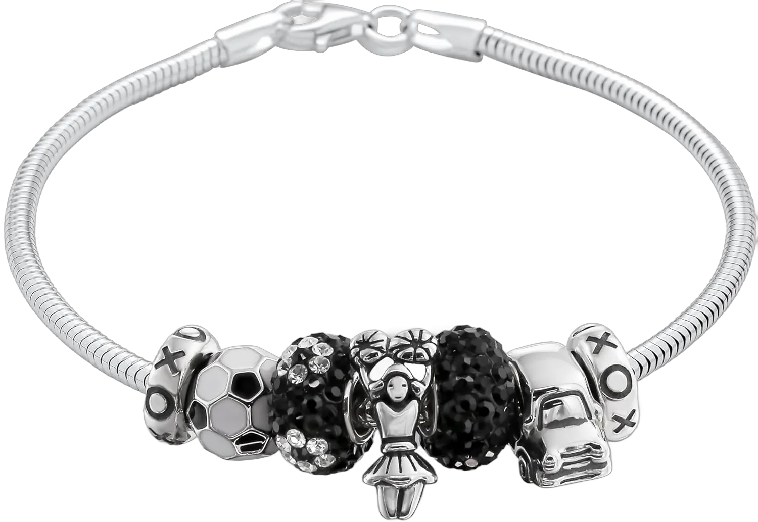 Black & White Cheerleader Soccer Mom Multi-Charm Bracelet for Women & Teens .925 Sterling Silver European Style Bead 7 & 8 Inch Sizes 7.0 Inches