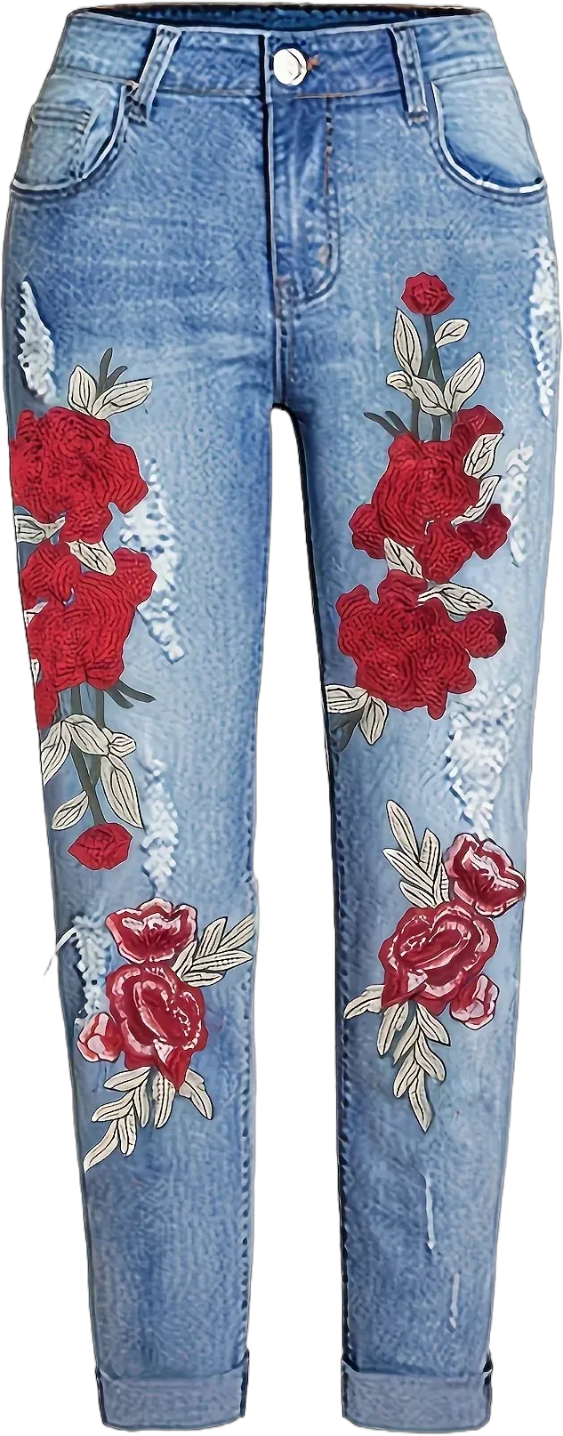 Women's Light Blue Denim Jeans with Red Floral Embroidery, Casual Style, Distressed Detail, Fashion Bottomwear