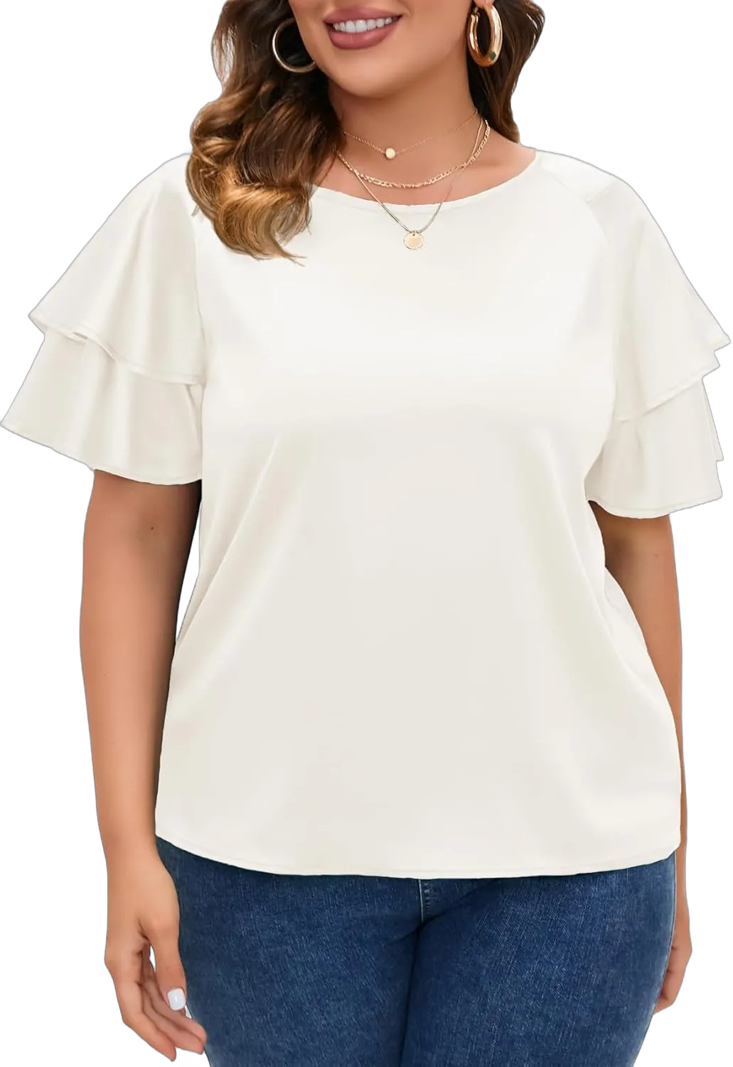 ZOMVA Women's 2024 Plus Size Satin Blouse Short Ruffle Sleeves Silk Top Dressy Shirt Office Elegant 0X Pearl White