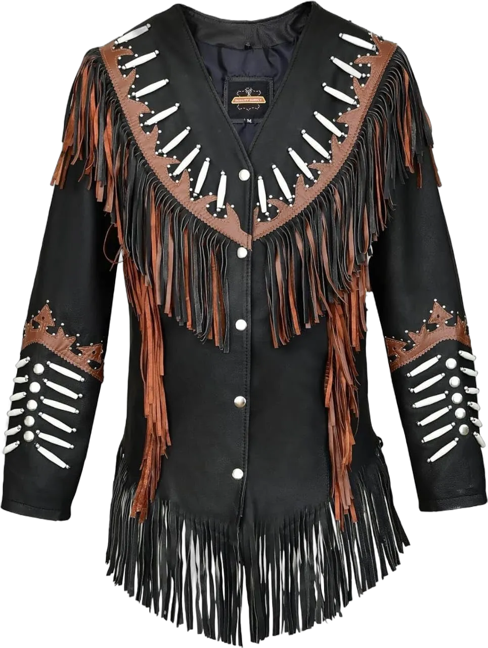 Women's Western Style Suede Leather Jacket with Native American-Inspired Design Fringes, Beads & Braid Small Black