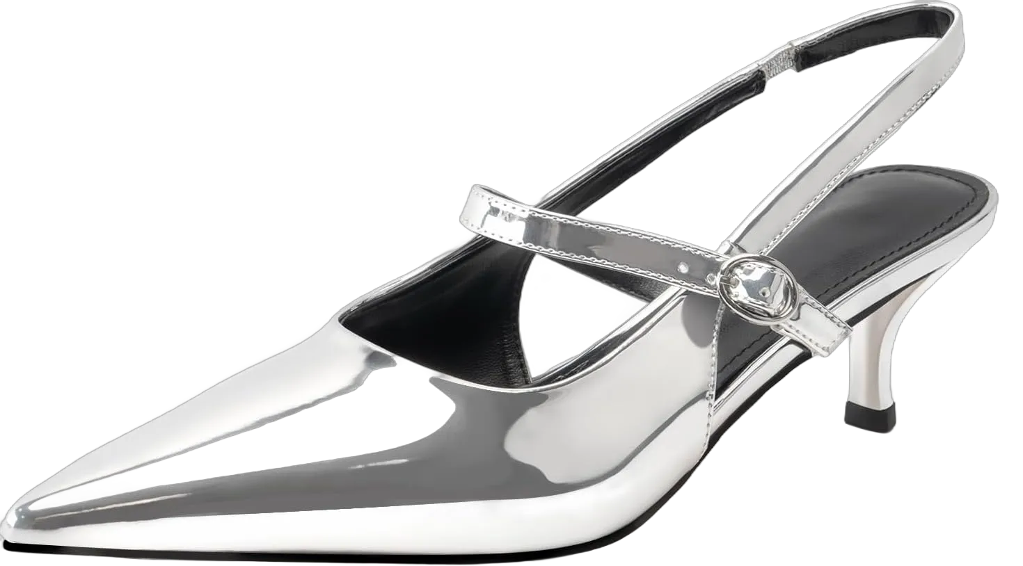 DREAMCIA Metallic Silver Slingback Heels for Women,Women's Slingback Kitten Heel with Pointed Toe Heels Buckle Strap Pumps 6 Silver