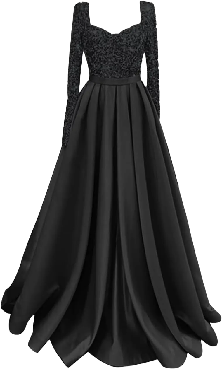 GARDOM Long Sleeve Satin Prom Dresses for Women Sparkly Sequin Ball Gowns Formal Evening Gowns with Pockets Black 8