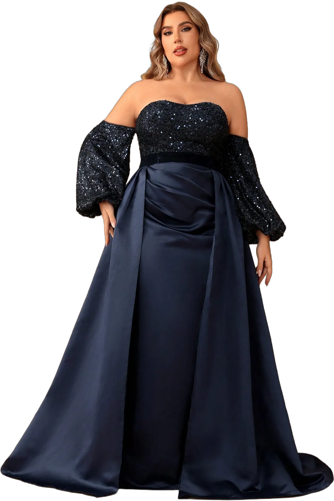 Giffniseti Women Plus Size Formal Ball Evening Dress Elegant Light Luxury Sequined Off Shoulder Lantern Sleeve Sequined Satin Evening Dress Prom Wedding Guest Gown, For Graduation, Dinner