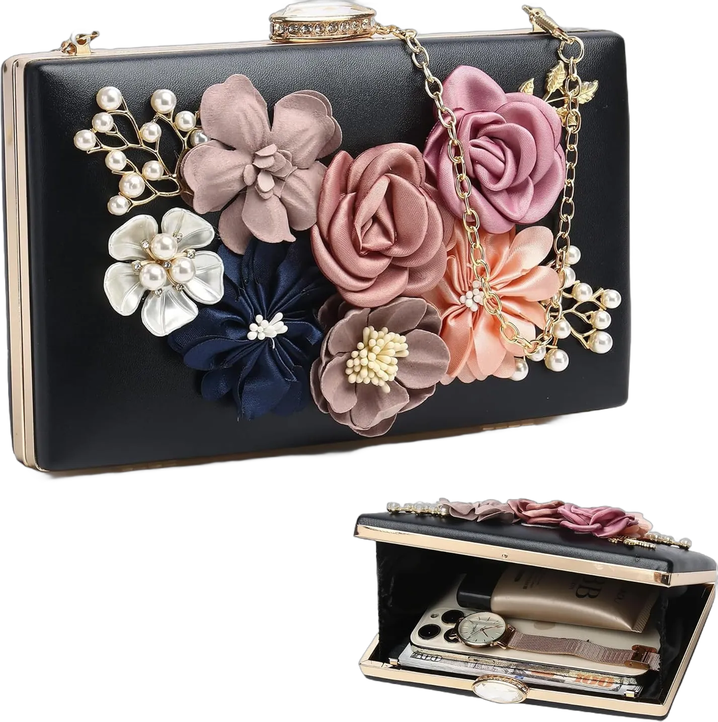 Clutch Purses for Women, Evening Clutch Clutch Purses for Women Formal, Banquet Bag with Floral Decoration, Gatherings Black