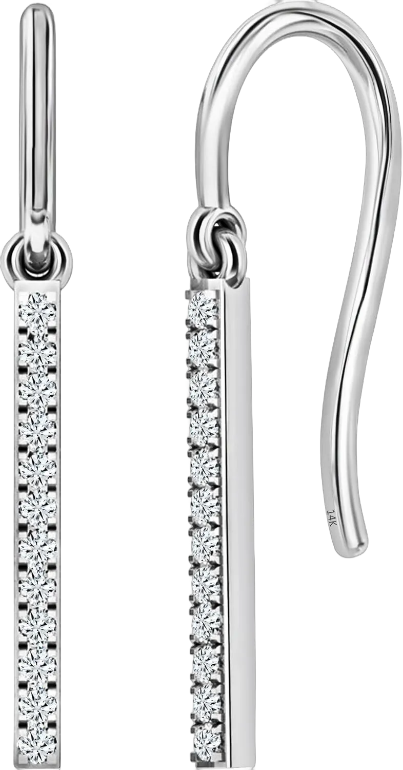 Dazzlingrock Collection Round White Diamond Vertical Bar French Wire Dangle Earrings for Women in 14K Solid Gold White Gold 0.15 CT