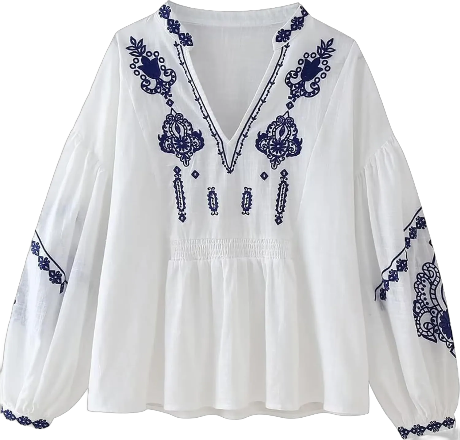 Womens Embroidered Shirt Long Sleeve Peasant Blouse Lantern Sleeve Boho Tops V Neck Loose Lightweight Casual Tunic White Large