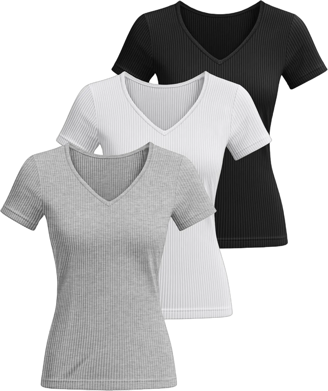 Ficerd 3 Pack Women's Short Sleeve Cotton T-Shirts V Neck Ribbed Slim Fit Tops Ladies' Casual Summer Basic Tee Black, White, Light Gray Medium