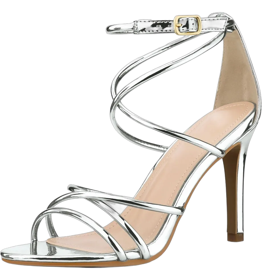 Perphy Women's Open Toe Strappy Criss Cross Straps Stiletto Heel Buckle Sandals Silver 8.5