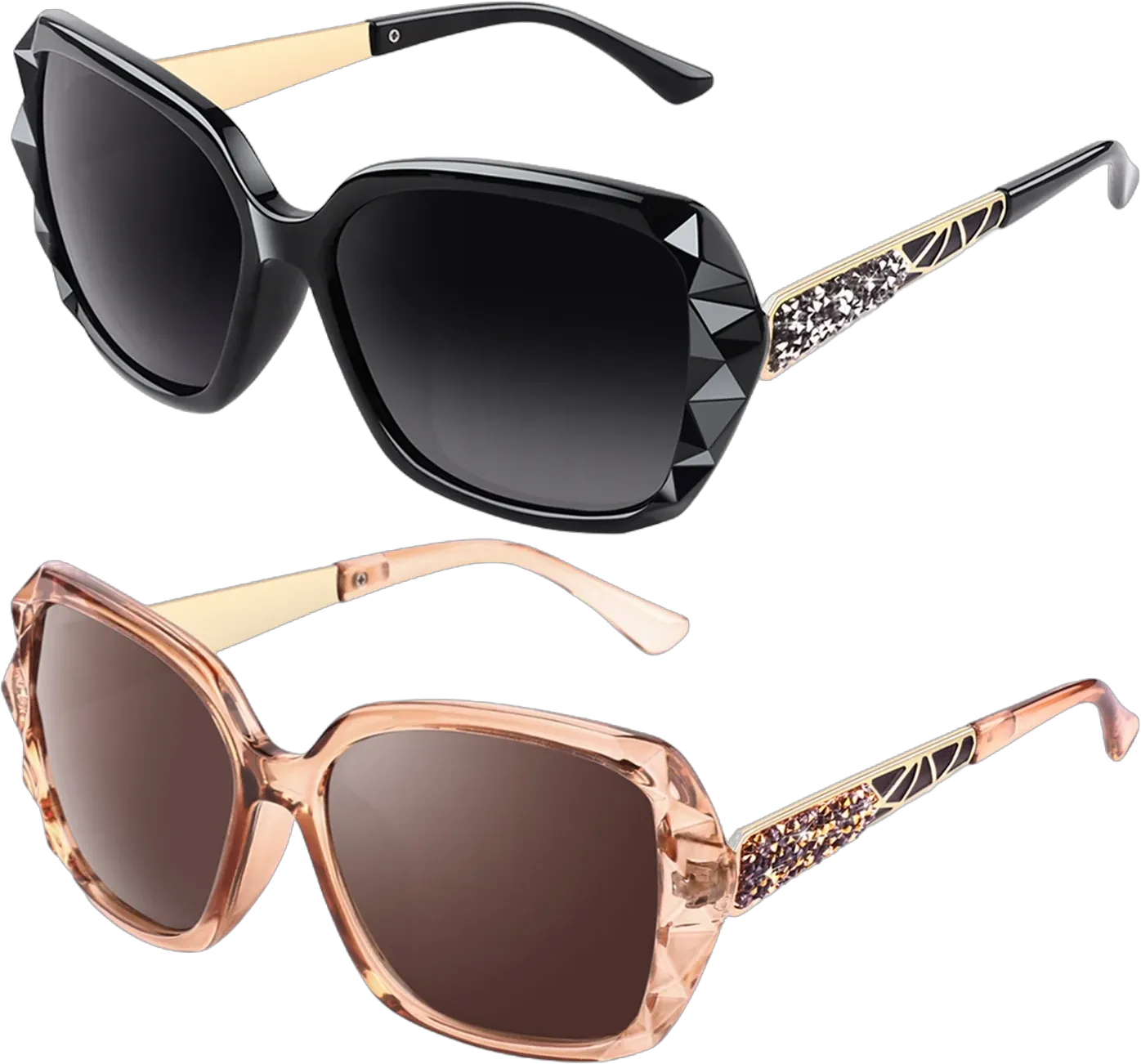 Sunier Square Oversized Trendy Fashion Polarized Sunglasses for Women with Sparkly Rhinestone-2 Pack