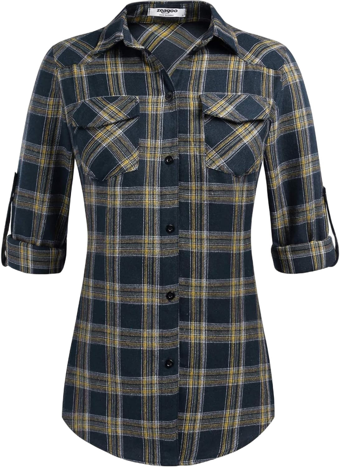 Zeagoo Womens Flannels Plaid Shirt Cotton Check Gingham Top Dark Navy Small Long Sleeve